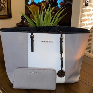 Grey and white MK tote with matching wallet